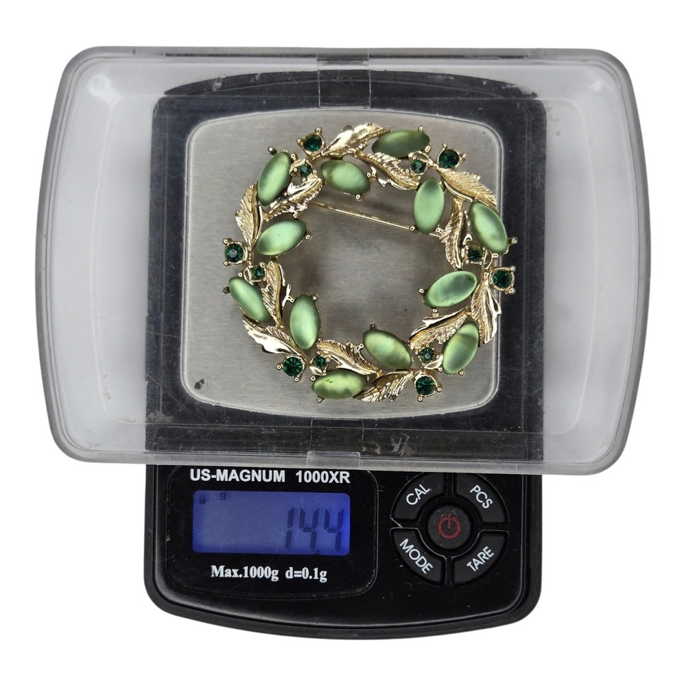 EMJ Wreath Brooch Green‎ Vintage Moonglow Rhinestone Gold Tone - Picture 9 of 9
